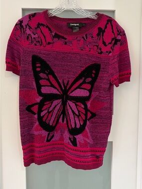 Desigual Fuchsia and Black Patterned Knit Top